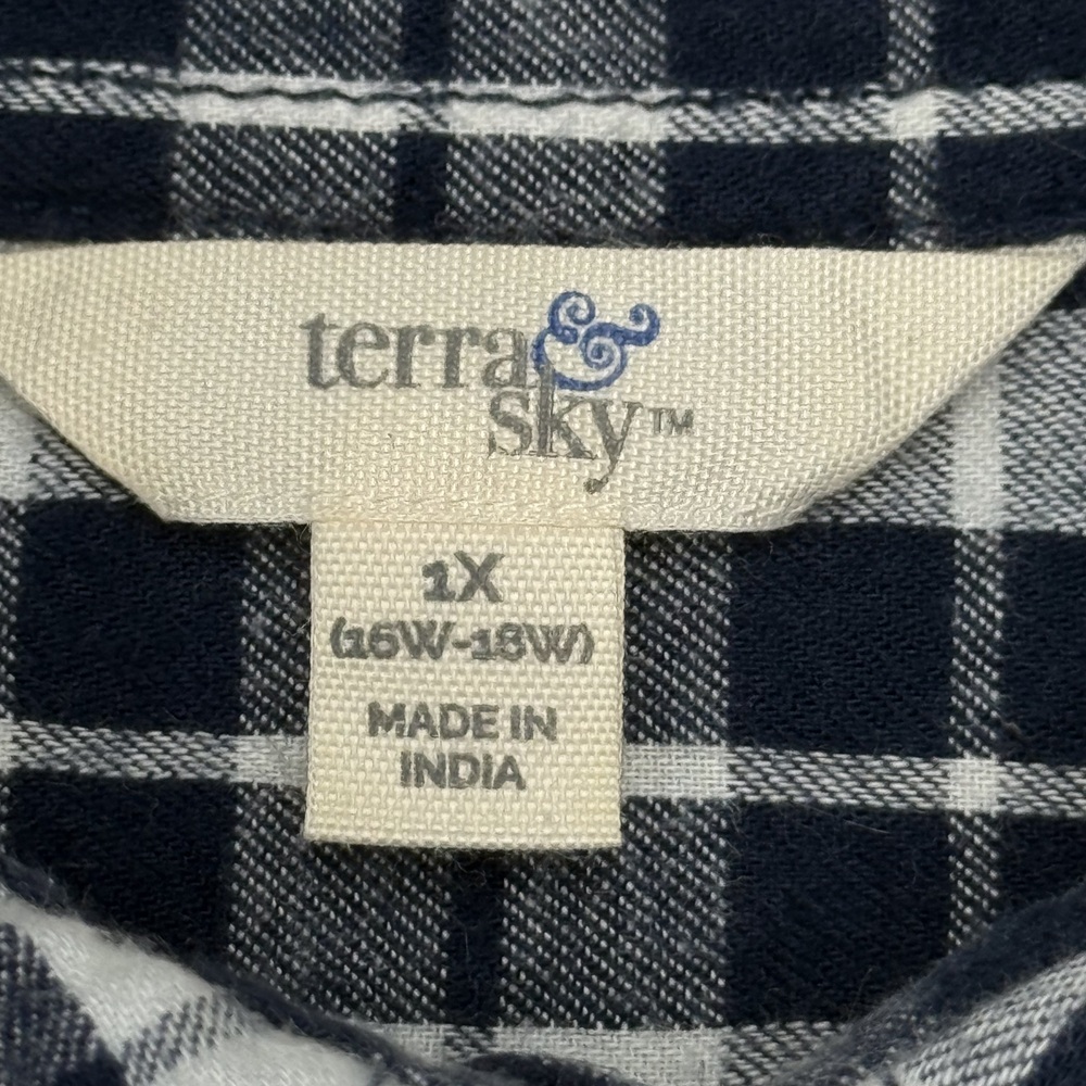 Terra Sky Plaid Flannel Shirt Womens 1X Navy Button Down - Picture 3 of 7